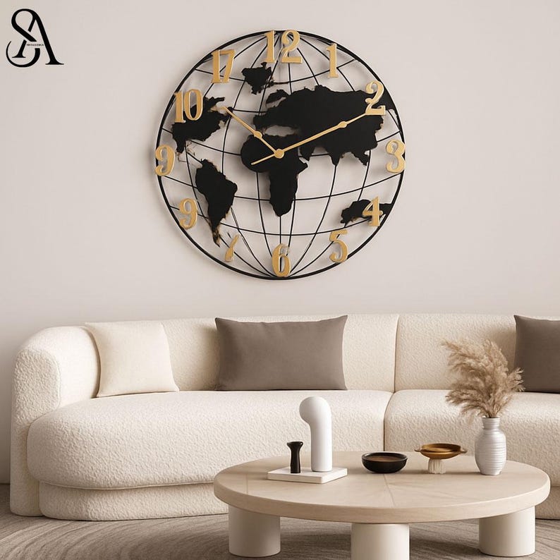 Large World Map Wall Clock | Modern Metal Globe Wall Art Clock – Black ...