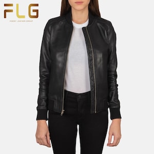 Women&#39;s Black Leather Bomber Jacket – Real Lambskin Moto Jacket – Soft Lightweight Leather Zip Up Jacket – Handmade Outerwear for womens