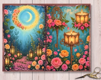 May include: A whimsical journal spread featuring a moon surrounded by roses and a path lined with lanterns. The right page displays ornate keys and candle holders, all adorned with pink and orange roses. The overall theme is fantasy and romance.