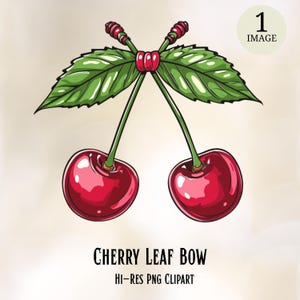 May include: A digital illustration of two cherries with green leaves and stems tied together with a red ribbon. The cherries are a deep red colour, and the leaves are green with white highlights. The text "CHERRY LEAF BOW" and "HI-RES PNG CLIPART" is below the cherries.