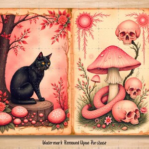 Puede incluir: Ilustración de estilo vintage con un gato negro sentado en un tocón, rodeado de follaje rojo y setas rosas. El panel derecho muestra una seta rosa, una serpiente y calaveras. La obra tiene un tema gótico y caprichoso.
