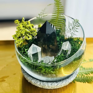 Smoky Quartz Tower Terrarium: Raw Crystal Moss Garden, Grounding Decor