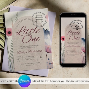 Invito floreale per baby shower - Elegante modello di invito stampabile per neonati, design modificabile su Canva, download digitale, accesso immediato