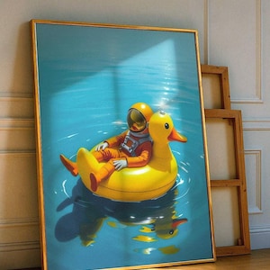 Arte espacial retro, astronauta, pato de goma, arte de pared, surrealismo, humor, océano, póster digital, futurista, divertido, impresión de tendencia, decoración de baño para niños
