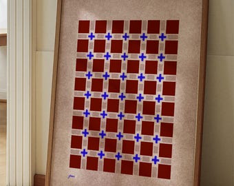 Könnte beinhalten: Ein gerahmter Druck mit einem Raster aus roten Quadraten und blauen Kreuzen. Das Kunstwerk befindet sich in einem Holzrahmen, der an einer Wand lehnt. Der Druck hat ein minimalistisches, geometrisches Design. Der Rahmen ist ca. 60 cm x 80 cm groß.