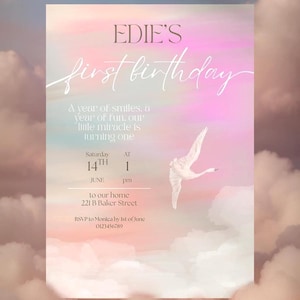 Faire-part de 1er anniversaire de rêve, cygne pastel, coucher de soleil, belle carte aquarelle, nuage, fête, thème, téléphone, invitation, modèle, toile, oiseau volant, invitation