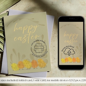 Carte de Pâques - imprimables Mignons poussins de la nature heureuse Carte de Pâques pliable pour appareil mobile Carte de voeux de printemps en téléchargement numérique instantané