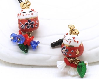 Red Maneki Neko Lucky Cat - Phone Charm / Zipper Pull, Czech Glass Flowers in Reds and Sapphire or Red and White with an Emerald Leaf