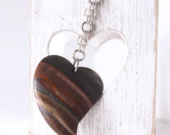 Heart Keychain - Tiger Iron Jasper, Charcoal Gray, Red Stone Bead, Chainmaille Chain, Oval Steel Keyring