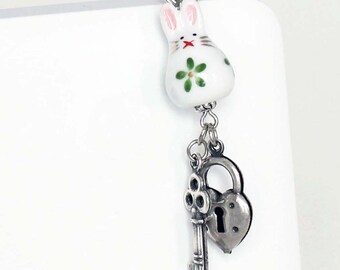Kawaii Dust Plug - White Rabbit, Silver Heart Lock, Skeleton Key Charm, Cute Phone Charm, Choice of Flower Color