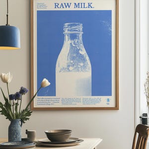 Póster de leche cruda, impresión digital, arte para una decoración de cocina saludable, impresión de alimentos para una decoración de hogar saludable, arte de bienestar, póster de nutrición para la decoración del comedor