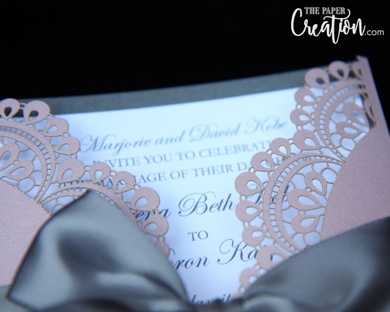 Modern Elegant Lace Invite Gatefold Doiley Laser Cut Wedding Invitation Customize Personalised Invite Dusty Pink /& Grey