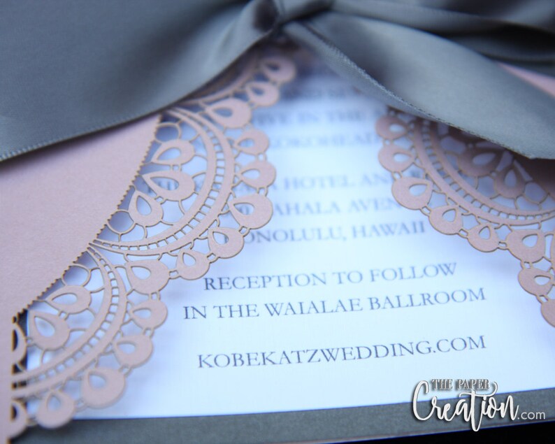Modern Elegant Lace Invite Gatefold Doiley Laser Cut Wedding Invitation Customize Personalised Invite Dusty Pink /& Grey