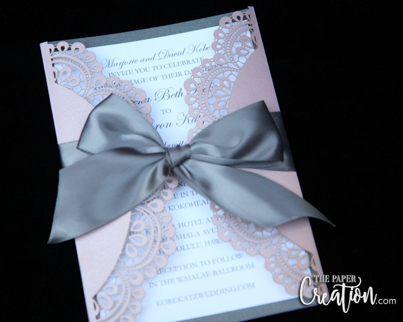 Modern Elegant Lace Invite Gatefold Doiley Laser Cut Wedding Invitation Customize Personalised Invite Dusty Pink /& Grey