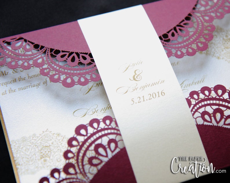 Modern Elegant Lace Invite Gatefold Doiley Laser Cut Wedding Invitation Customize Personalised Invite Dusty Pink /& Grey