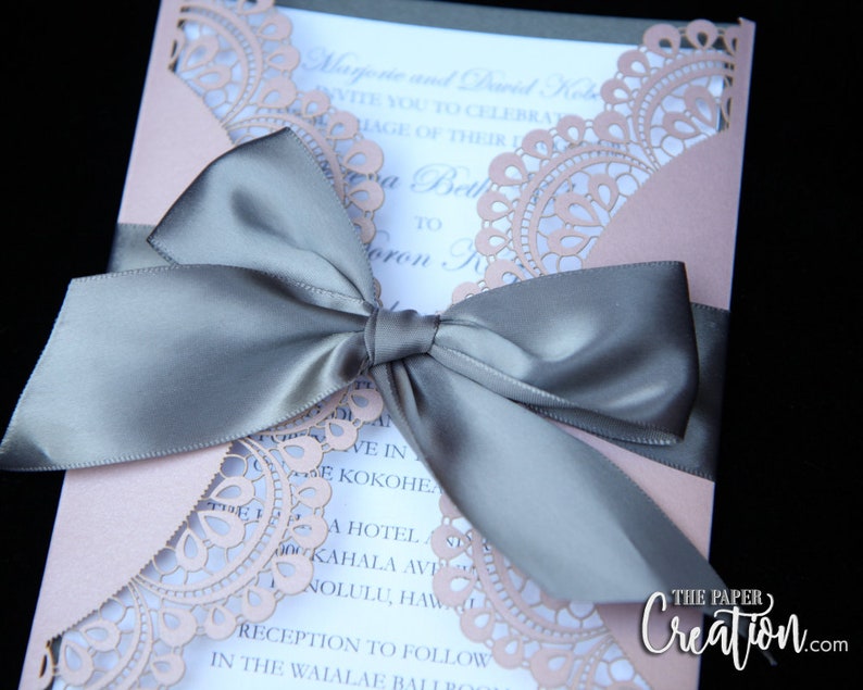 Modern Elegant Lace Invite Gatefold Doiley Laser Cut Wedding Invitation Customize Personalised Invite Dusty Pink /& Grey