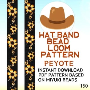 Puede incluir: Un patrón de telar de cuentas para banda de sombrero con fondo negro y diseño floral dorado repetitivo. El texto dice HAT BAND BEAD LOOM PATTERN PEYOTE INSTANT DOWNLOAD PDF PATTERN BASED ON MIYUKI BEADS 150, junto a un icono de sombrero vaquero.