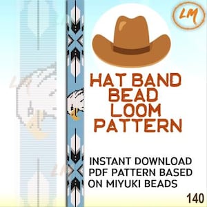 May include: A digital bead loom pattern for a hat band featuring a repeating design of a bald eagle head and geometric feather motifs in shades of light blue, white, black, and yellow. The text reads HAT BAND BEAD LOOM PATTERN and INSTANT DOWNLOAD PDF PATTERN BASED ON MIYUKI BEADS.