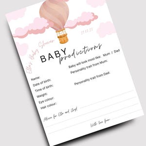 Carte de prédiction de baby shower | Imprimable personnalisée | Modèle numérique modifiable | Activité baby shower | Bébé fille rose | Téléchargement instantané