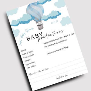 Carte de prédiction de baby shower | Imprimable personnalisée | Modèle numérique modifiable | Activité baby shower | Bleu bébé garçon | Téléchargement instantané