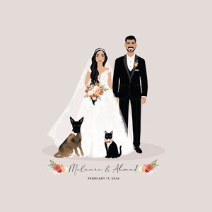 Alternatief canvas staand gastenboek • Aangepaste trouwcartoon met honden • Gepersonaliseerde tekening bruidspaar van foto