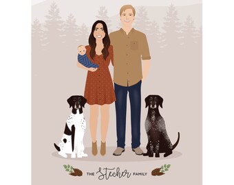 Custom Family Portrait with Pets: Personalized Illustration