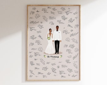 May include: A wedding guest book with a light pink background and a black and white illustration of a bride and groom. The bride is wearing a white dress and a floral crown. The groom is wearing a black suit and a white shirt. The text "The Morrisons" and "2.8.2023" is printed below the illustration. The guest book is filled with handwritten messages.