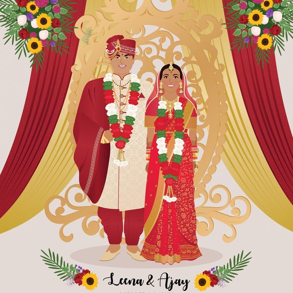 Custom Wedding Portrait, Paper Anniversary Gift, Hand-Drawn Art Print