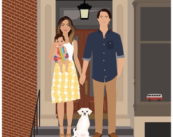 Family drawing in front of door, hand drawn family, drawing of family and kids