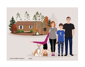 Custom Family and House Portrait, personalized family wall art
