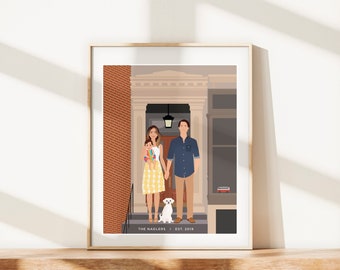 Portrait of family and home, personalized gift for her, custom illustration, drawing of us on porch