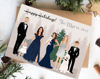 Custom Portrait Christmas Card | Family Portrait Illustration | Custom Pet Holiday Card | Personalized Christmas Card | Unique Fun Card