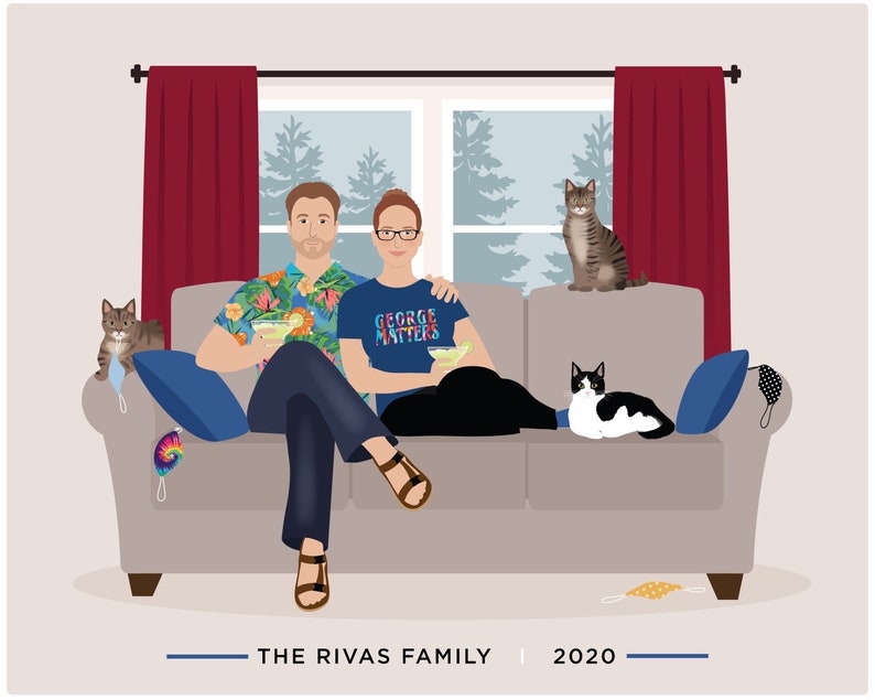 Custom family portrait illustration, family portrait with pet, pet gift image 1