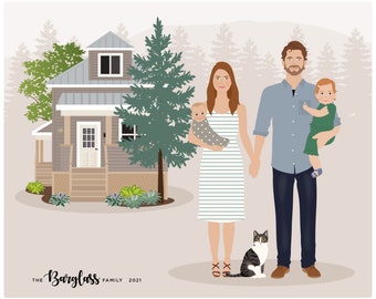 Custom Family and House Portrait, personalized gift for her