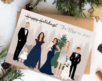 Hand Drawn Holiday Card, Personalized Christmas Card, Custom Portrait Christmas card, Christmas Card Pets House