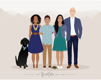 family illustration, hand drawn portrait, portrait with pets