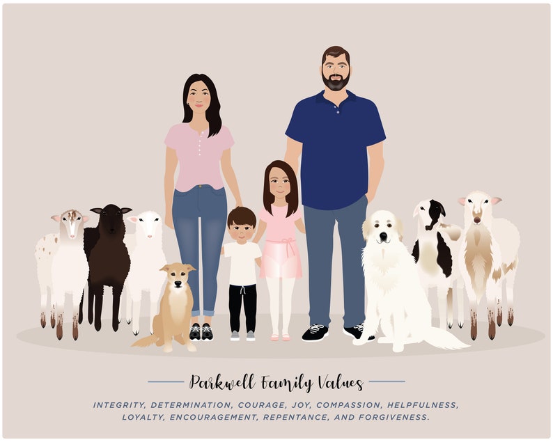 Zeichnung von Familie und Haustieren, personalisiertes Bild von uns Bild 5