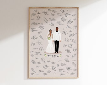 May include: A wedding guest book with a light pink background featuring a cartoon illustration of a bride and groom in black and white attire. The bride is wearing a white dress and a floral crown. The groom is wearing a white tuxedo. The couple is standing in front of a floral arrangement. The guest book is filled with handwritten messages.