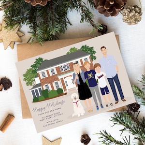 Family Christmas card, holiday card with pets, hand drawn illustration, family drawing for Christmas