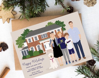 Family Christmas card, holiday card with pets, hand drawn illustration, family drawing for Christmas