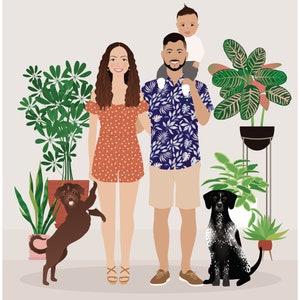 family illustration, hand drawn portrait, portrait with pets
