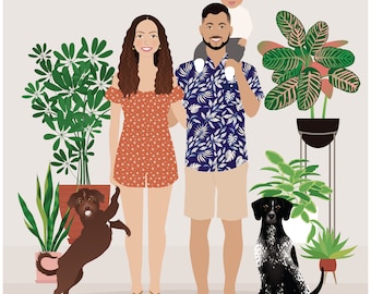 family illustration, hand drawn portrait, portrait with pets