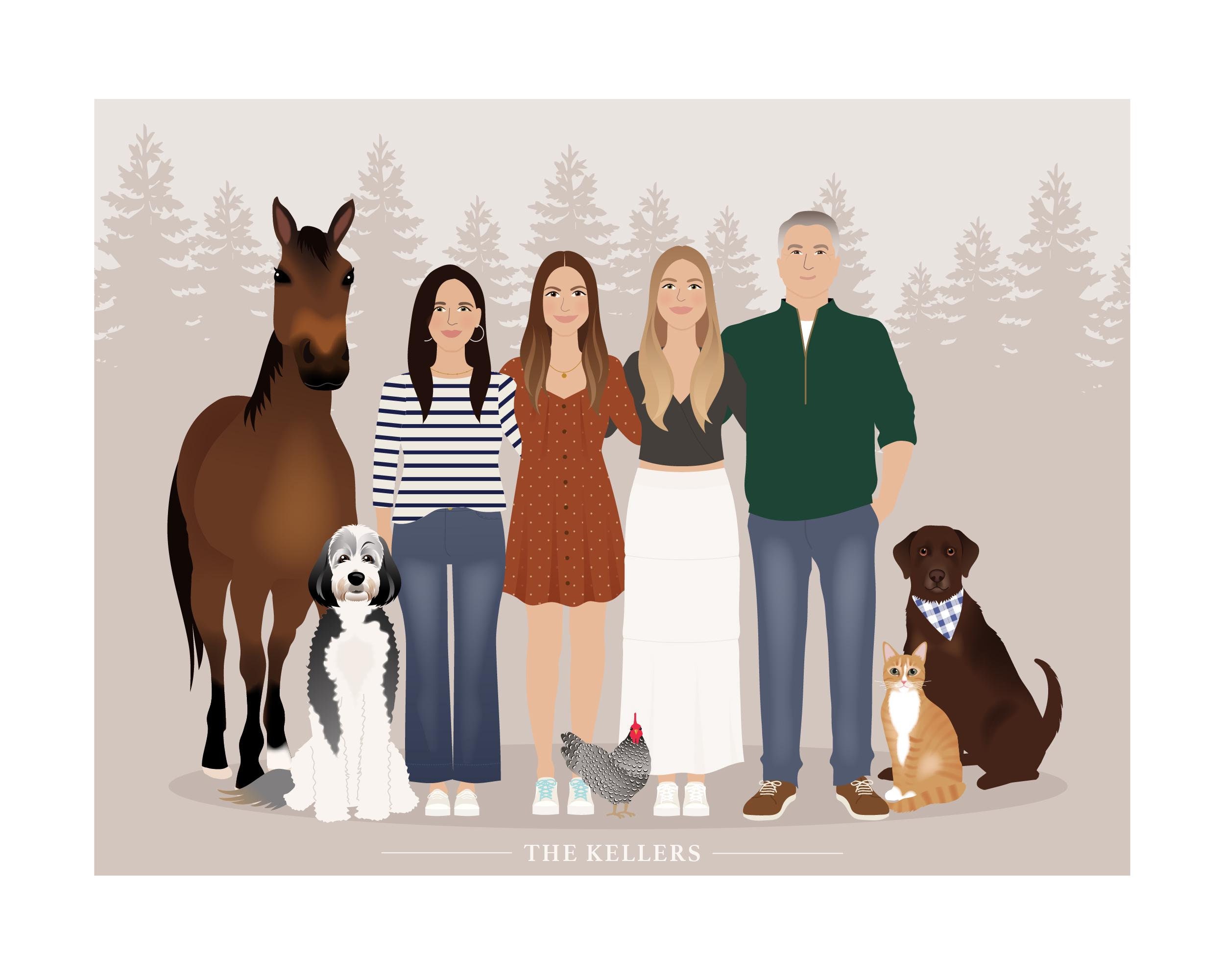 絵画(ペット/キャラクター/家族/風景など) Custom Family Portrait With Pets, Illustration From Photo