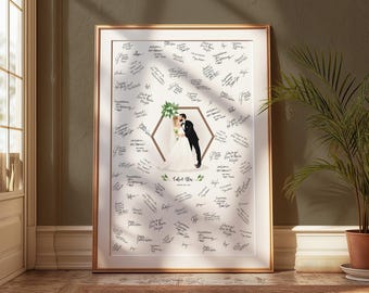 Portrait guest book alternative canvas, Custom wedding cartoon poster, Personalized wedding couple,  bride and groom drawing guests to sign