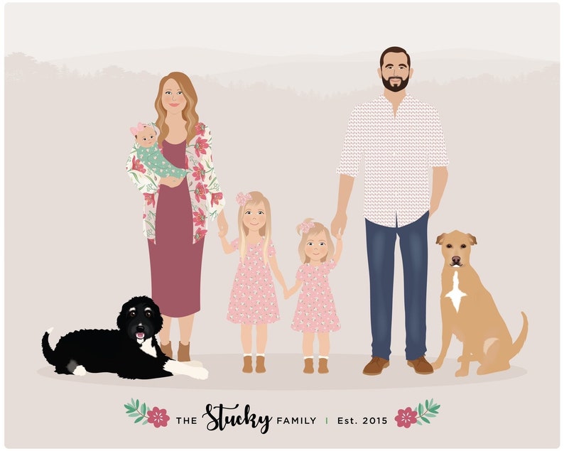 Custom family portrait illustration, family portrait with pet, pet gift image 8