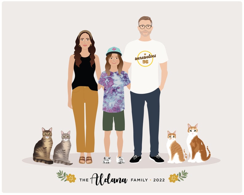 Zeichnung von Familie und Haustieren, personalisiertes Bild von uns Bild 4