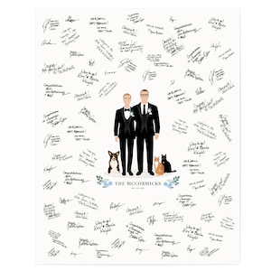 Portrait guest book alternative canvas • Custom wedding cartoon with dogs • Personalized wedding couple  drawing from photo