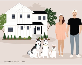 Custom Family Portrait Illustration, family portrait with house