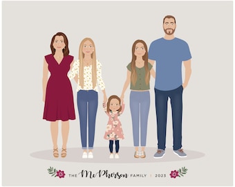 Family Portrait Illustration, paper portrait, fathers day mothers day gift