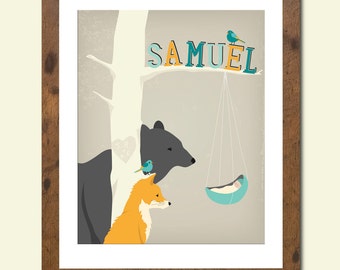 8X10 Personalized children's illustration, woodland animals gazing at a newborn, baby shower gift, nursery art